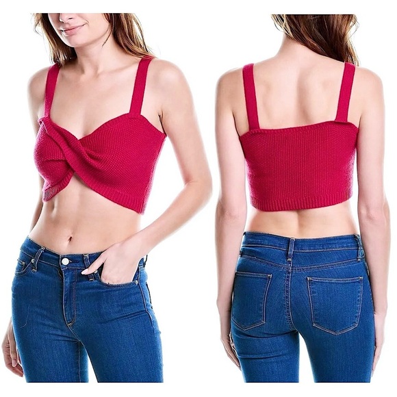 NWT AMUR Cotton Merino Wool Fuchsia Knit Twist Front Sweetheart Neck Crop Top M - Picture 1 of 5